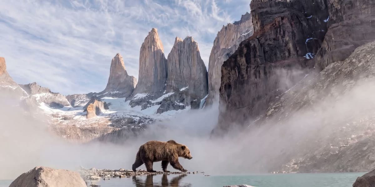 Un oso pardo camina frente a las Torres del Paine, entre la niebla.