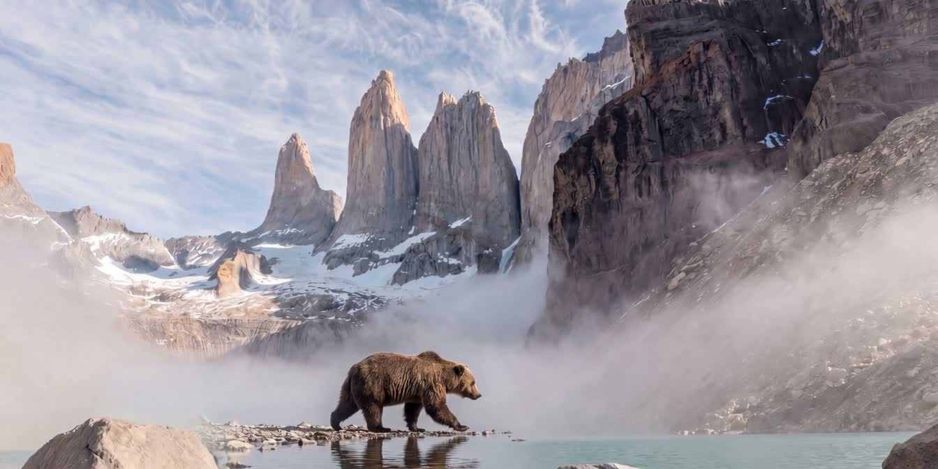 Un oso pardo camina por la orilla de una laguna glaciar frente a las Torres del Paine, entre la niebla.